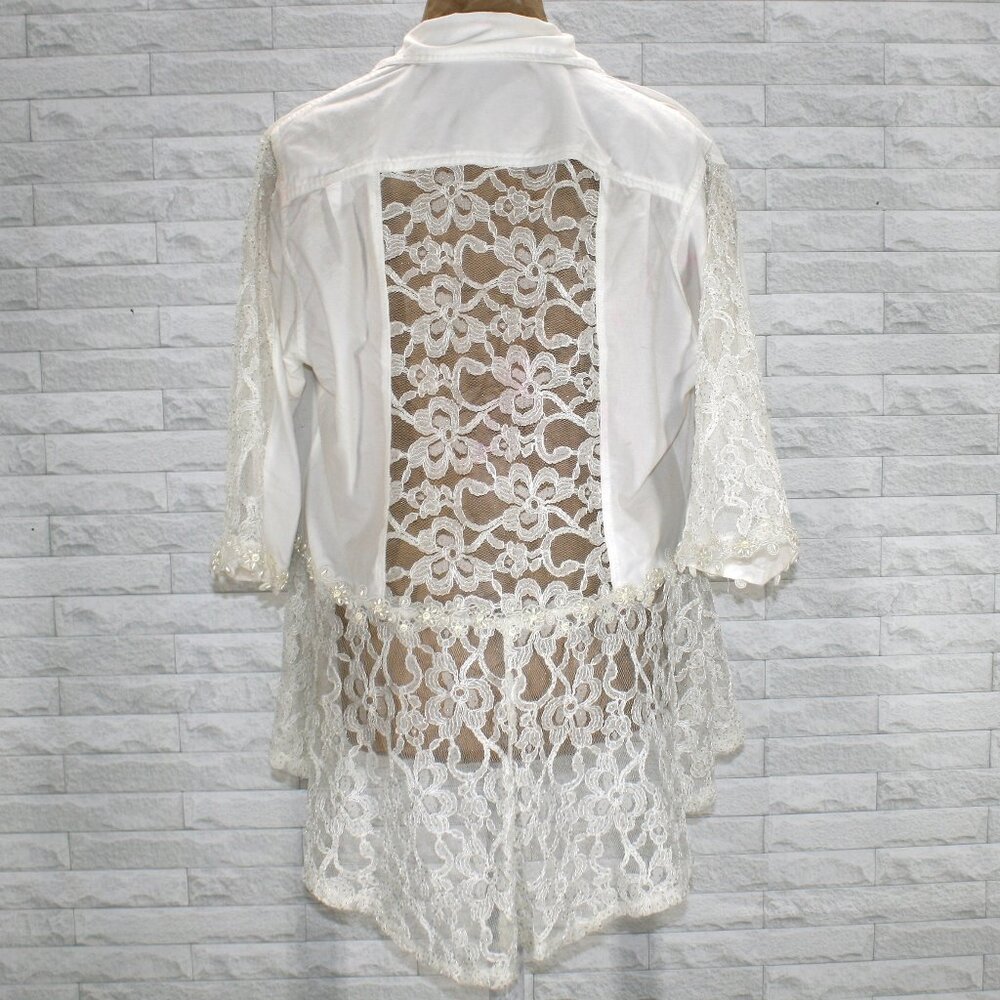HAND CRAFTED Jacket Upcycled Peplum Lace Pearl Trim Floral White Bridal Large